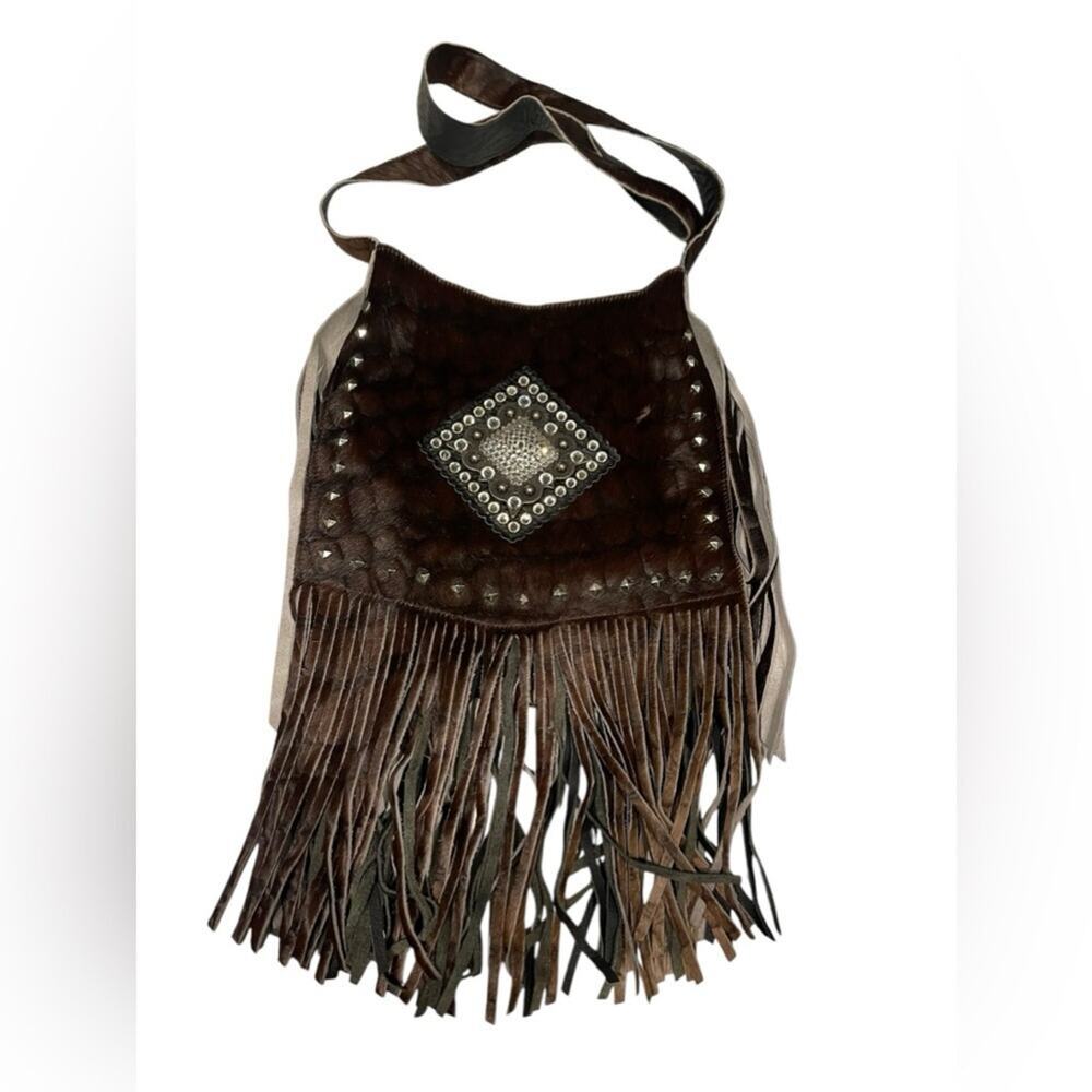 Raviani Western Fringe Crossbody Bag Chocolate Brown Calfskin
